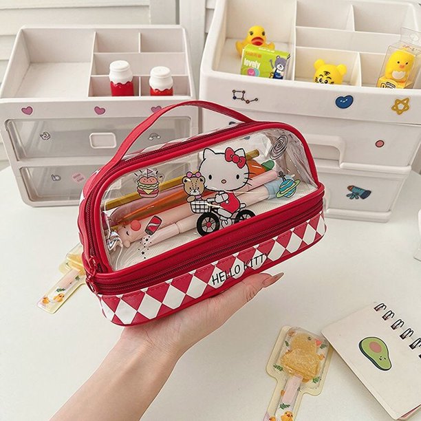 Sanrio-Bolsa de lápices de Hello Kitty para estudiantes, estuche de papelería portátil de doble capa transparente de gran capacidad, y la Oficina para la escuela, nuevo Fivean unisex