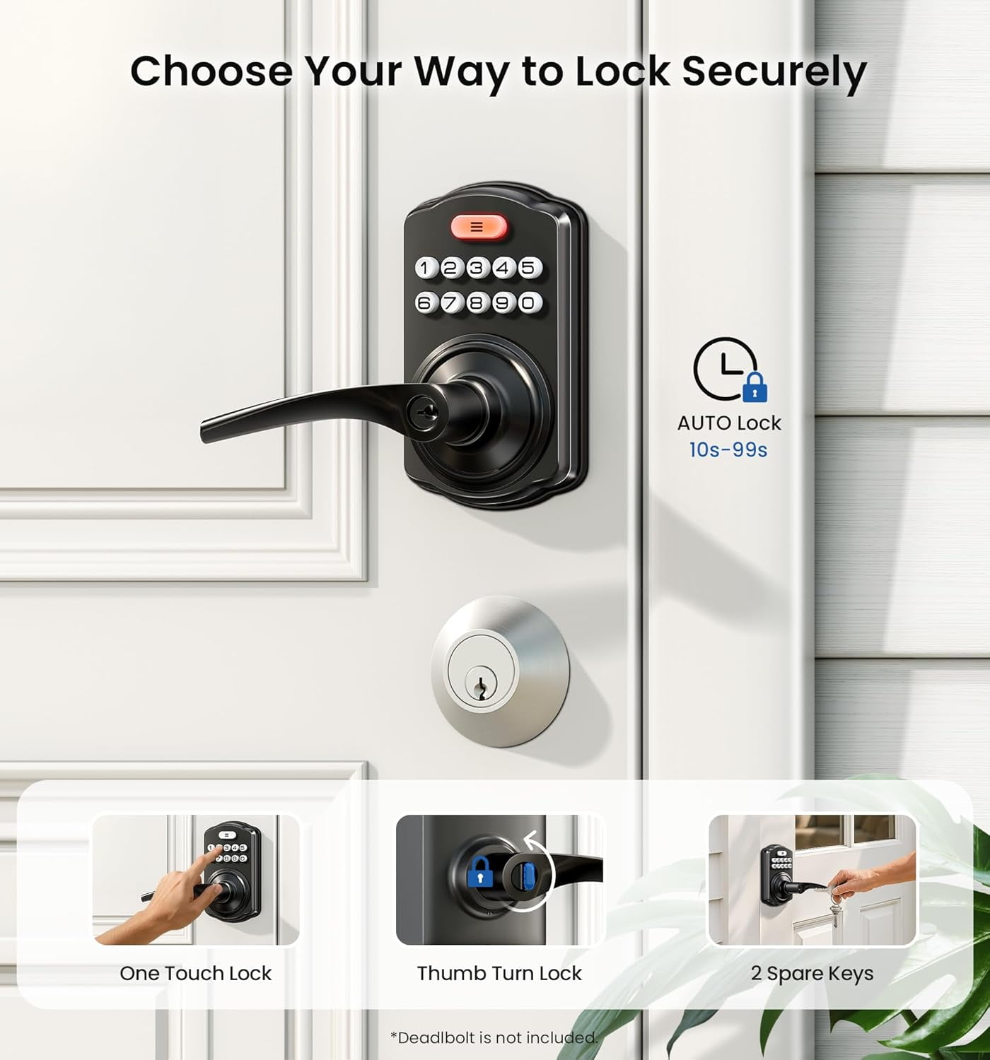 Veise Keypad Door Lock with Handle, Keyless Entry for Bedroom, Electronic Lock with Code, Auto-Locking, Easy Installation, Matte Black