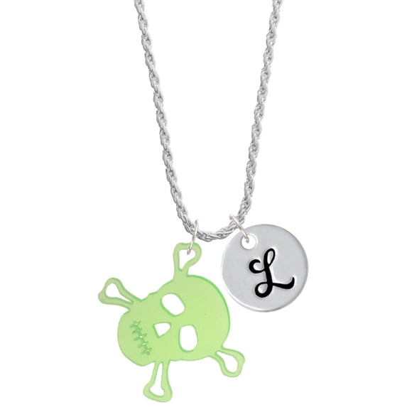 Delight Jewelry Acrylic Large Lime Green Skull Silvertone Script Initial Disc - L - Charm Necklace, 20"+3"