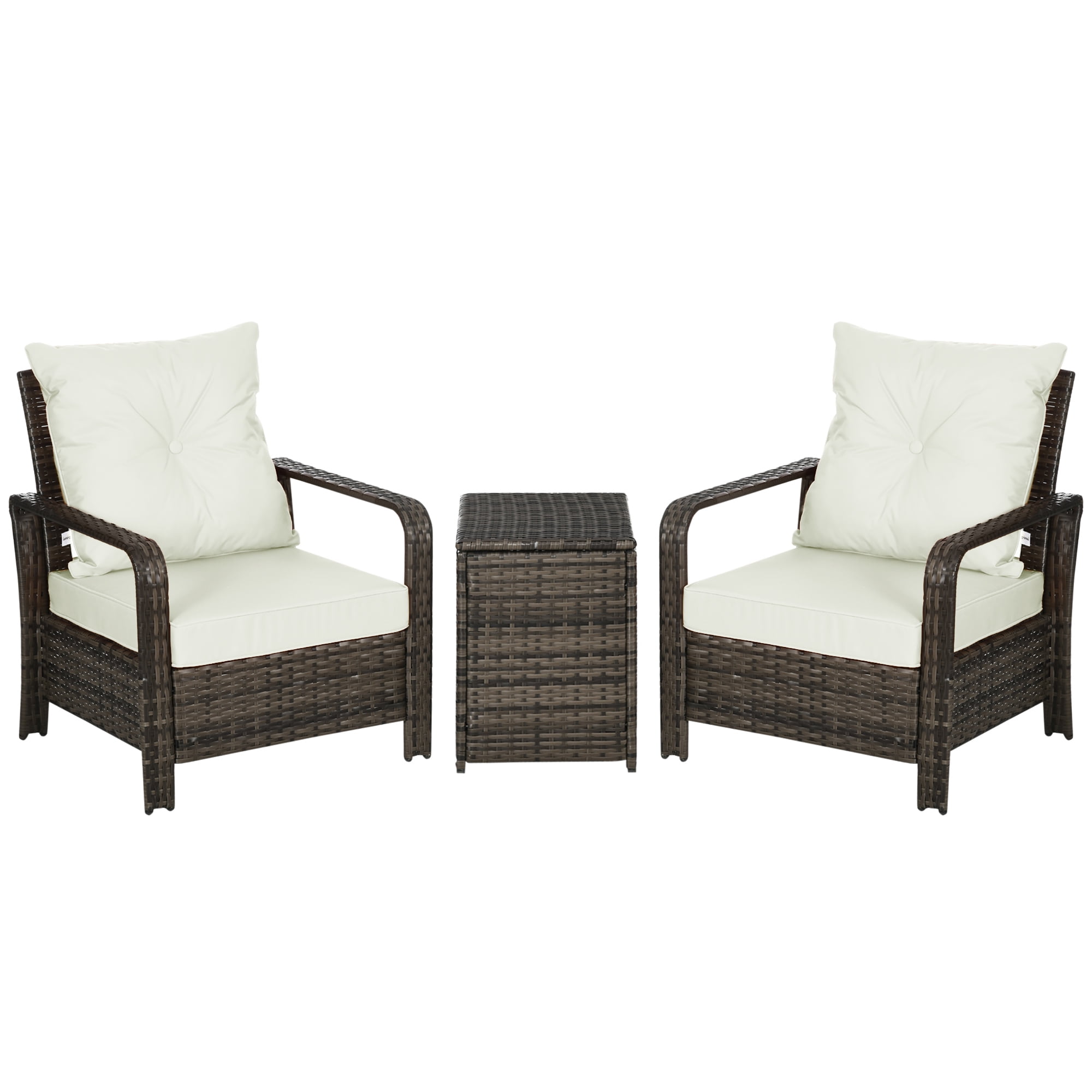 Outsunny 3 Piece Patio Furniture Set, PE Rattan Wicker Storage Table and Chairs w/ Tufted Cushions, Beige
