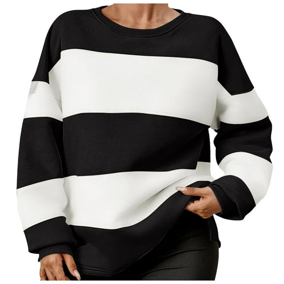 adviicd Sweatshirts for Women Women's Fall Sweatshirt Tops Crewneck Long Sleeve Loose Oversized Striped Fleece Pullover 2024 Clothes (Black,XL)