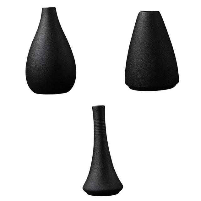 3 jarrones de cerámica negra nórdica para flores secas, accesorios para fotos, decoración de escritorio para el hogar y oficina macarena floreros decorativos Conjunto de tres jarrones de cerámica negra con textura rugosa sobre fondo blanco: dos de silueta ancha y cuello corto y uno alto y estrecho (ej. 7.2x7.2x15.8 cm), apropiados para flores secas, ramitas o como accesorio fotográfico en mesa o estantería.