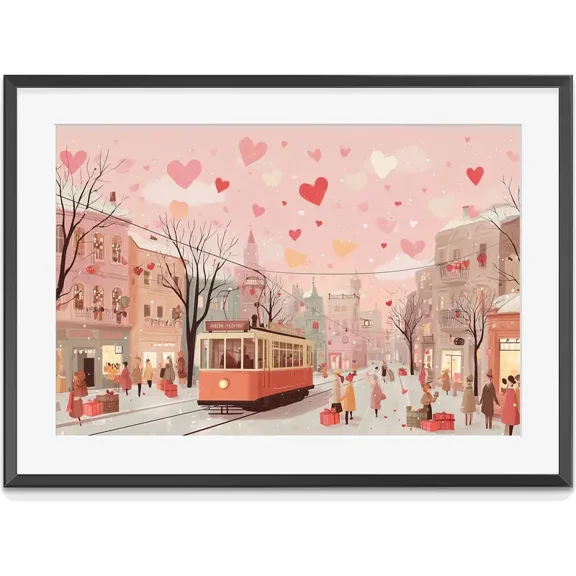 Cute Valentines Day Wall Art Pink Valentine Village Art Valentines Day Poster, Matte Canvas Stretched, Posters for Room Bedroom Living Room Bathroom Wall Decor, Posters & Art Prints, Gift.
