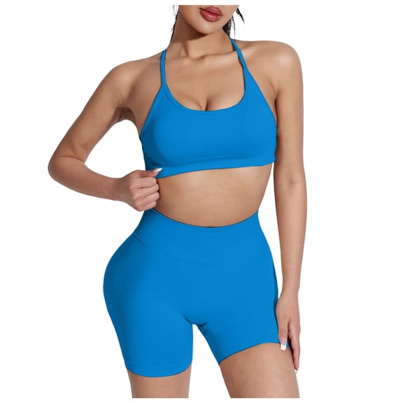 Rotm Workout Sets for Women Workout Sets for Women 2 Piece Twist Front Halter Sports Bras High Waist Biker Shorts Exercise Gym Yoga Outfit Blue,M