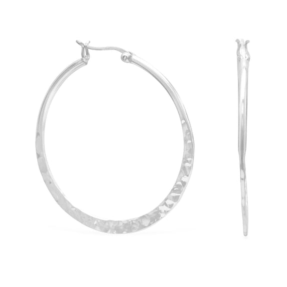 .925 Sterling Silver Large Hammered Hoop Women's Earrings