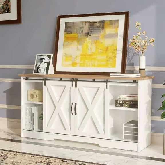 59'' Modern Farmhouse TV Stand for 65 inch TV, Sliding Barn Door Television Stands, Entertainment Center TV Media Console for Living Room, White