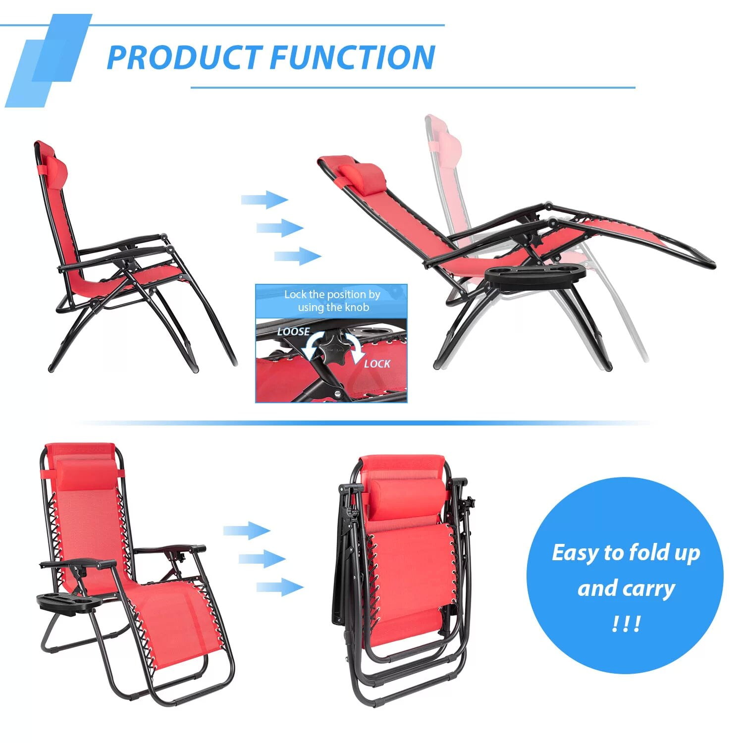 Vineego Zero Gravity Chairs Patio Chairs Lawn Lounge Chair Patio Set of 2 with Pillow and Cup Holder Patio Furniture for Poolside Backyard and Beach Set of 2 (Red)