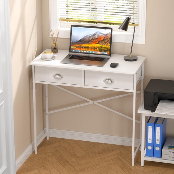 Escritorio DAOUTIME 80 cm blanco, compacto, con 2 cajones de tela
