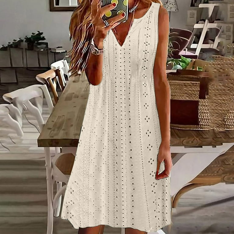 WIZUTIZ Womens Dresses Summer Casual Baggy A Line Dress Crochet Solid  Peplum Dress Sleeveless V-Neck Shift Dress for Womens Mini Dress Stretchy Graduation  Dress Beige - Walmart.com