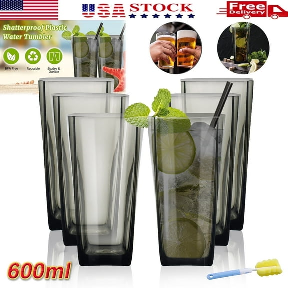 E-Greetshopping 6 Pcs Plastic Drinking Glasses, 20 Ounce Glass Like Shatterproof Drinking Cups, Plastic Tumblers for Kitchen & Party, Dishwasher Safe Glassware, Grey