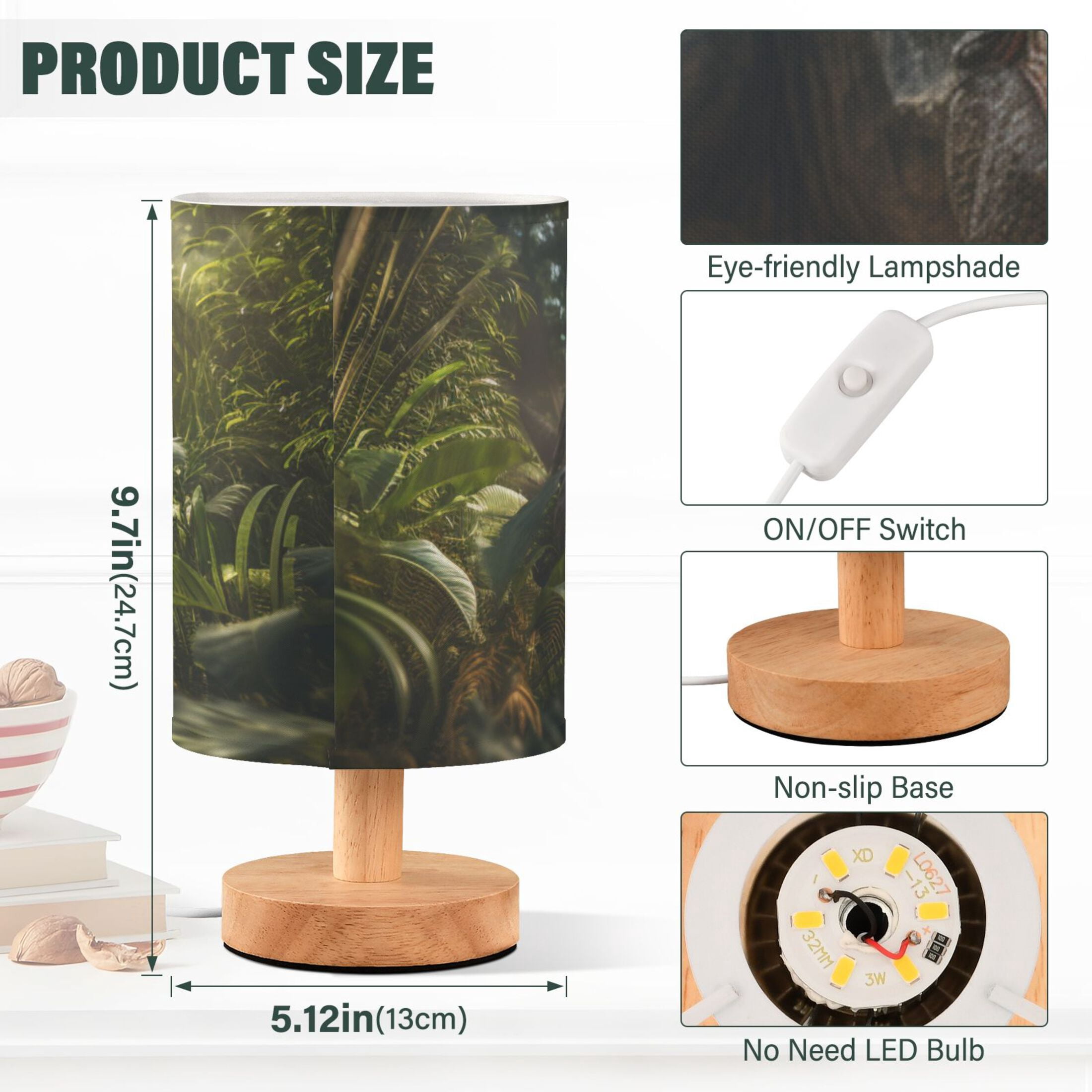 Dinosaur Leaves Trees Sunlight Table Lamp USB Bedside Desk Nightstand Lamp Printed Gifts Small Lamp Wood Base for Bedroom Living Room Kids Room College Dorm