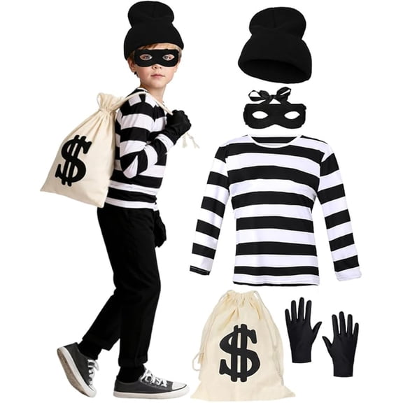 Children's Robber Costume, Thief T Shirt, Burglar Accessories Halloween Costume Set for Kids