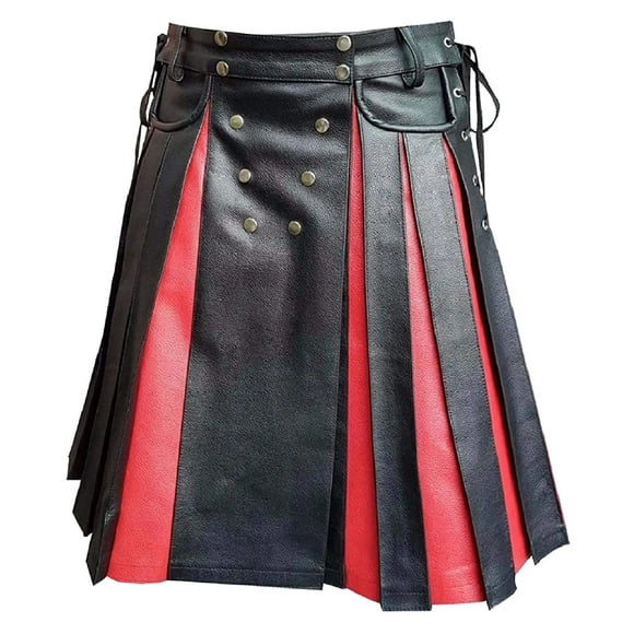 Mens Real Black &amp; Red Leather Knee Length Gladiator Kilt with Flat Front Panels Scottish Kilts