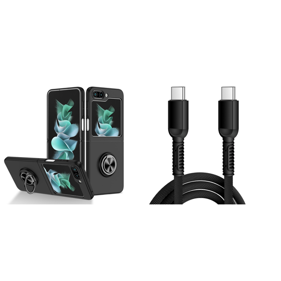 BEMZ Magnetic Holder Polycarbonate Case for Galaxy Z Flip 5 Bundle with 30W USB-C to USB-C Charging Sync USB Cable - 6 Foot - Black