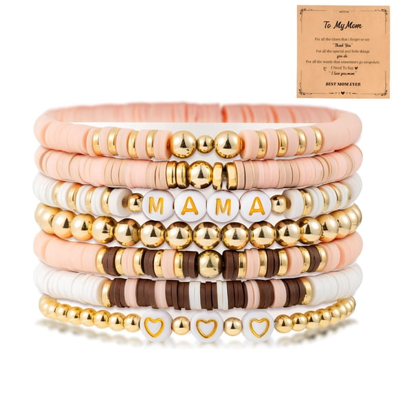 DESIGNICE Mama Bracelets for Women Chunky Stack Gold Layered Beaded Bracelet Jewelry Birthday for Mother Gold Plated Charm Bracelets for New Mom