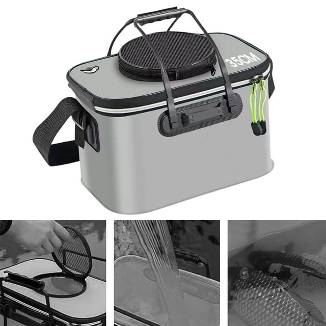 Cubo de pesca portátil con correa, plegable, resistente, de gran capacidad, organizador de almacenamiento, contenedor de peces para acampar al Gris con asa