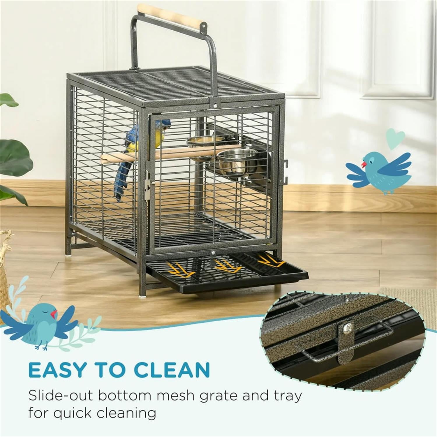 Kadyn 18" Heavy Duty Travel Bird Cage Carrier with Handle Perch for Parrots Conures Lovebird Cockatiel Parakeets, Black