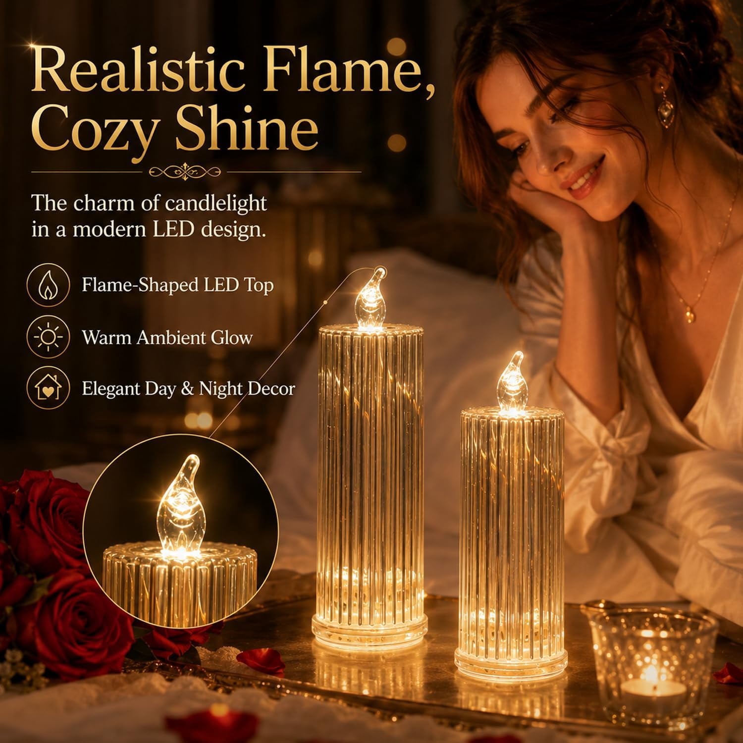 Creative Refractive Diamond Crystal LED Flameless Candles, Battery Operated Rose Shadow Electronic Candle Lights, Romantic Ambience Decor for Home Bedroom Wedding Party 4Pcs Set(k)