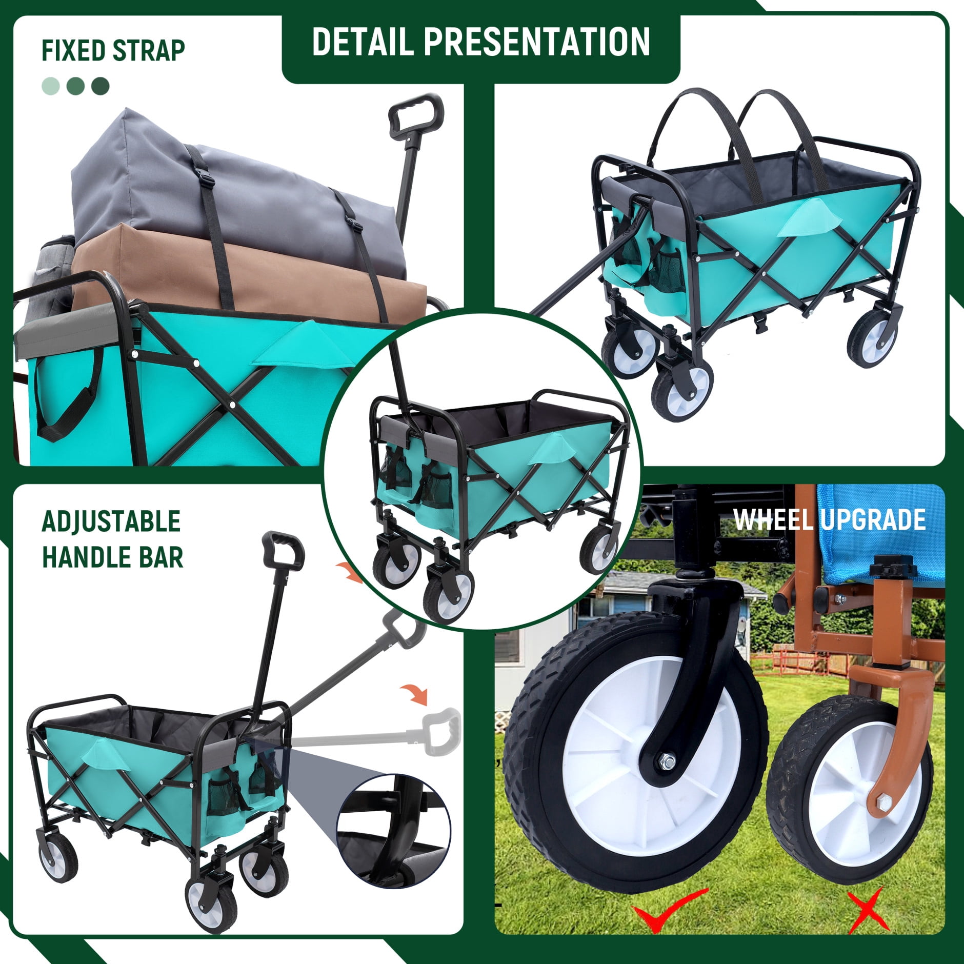 Utility Wagon Cart Foldable with Strapping System, Heavy Duty 225lbs Capacity, Lightweight Collapsible Design, Utility Cart, beach wagon with 360° Swivel Wheels for Beach, Camping, Shopping, Green