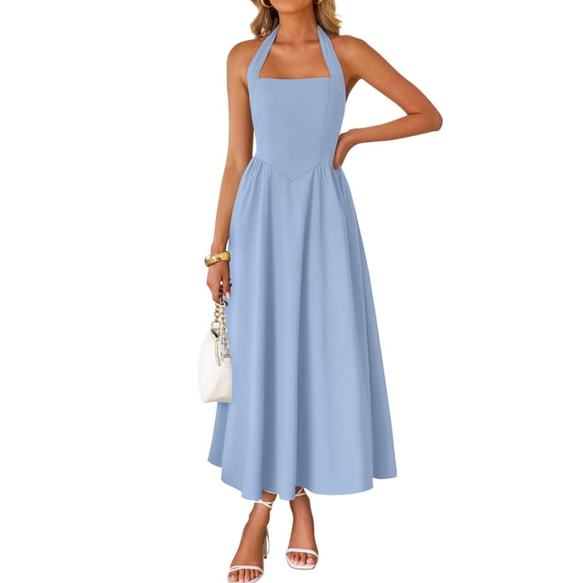 Vestido ZESICA Summer Halter Midi Blue sin mangas para mujer