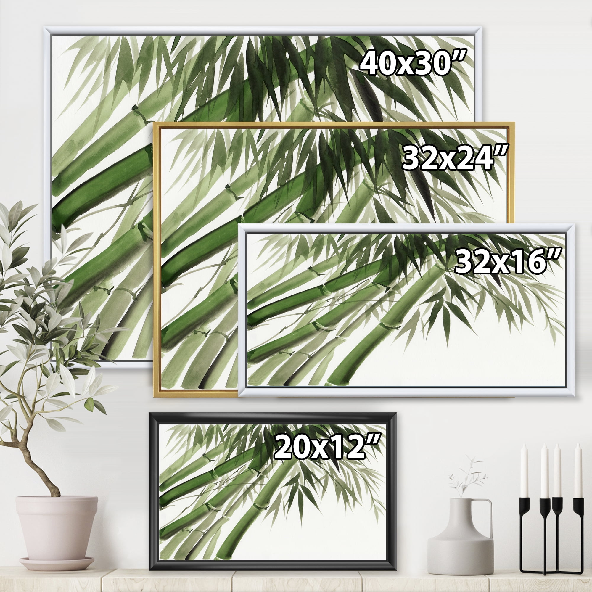 Ancient Dark Green Bamboo 32 in x 16 in Framed Painting Canvas Art Print, by Designart