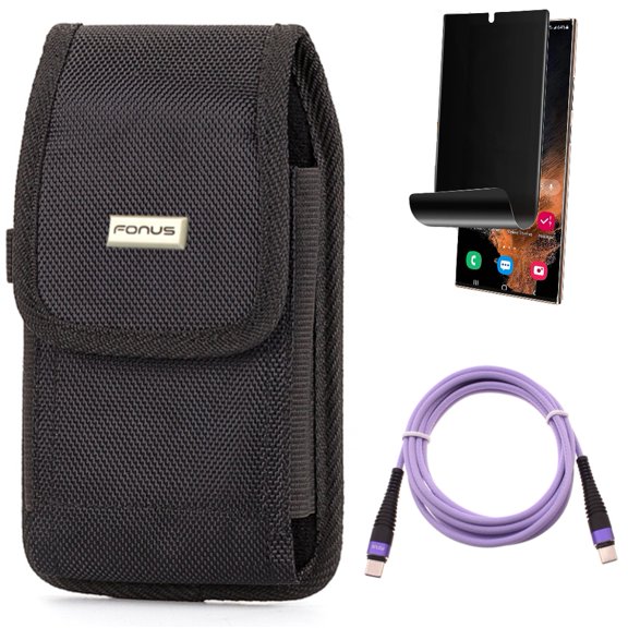 Case Belt Clip & Privacy Screen Protector & Purple 6ft PD Cable for Samsung Galaxy S22 Ultra (6.8") - Combo Rugged Holster Canvas & TPU Film (Fingerprint) Anti-Peep & Type-C to USB-C Long Charger Cord