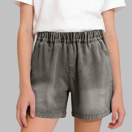Crunowin Girl s Summer Denim Shorts Elastic Waist Solid Color Three Quarter Comfortable Jeans Shorts Gray 11-12 Years