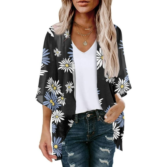 Babysbule Womens Cardigans Clearance Women's Summer Floral Print Puff Sleeve Cardigan Loose Cover Up Casual Blouse Summer Trendy Tops Women's Top Clearance Blouse