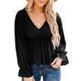thumbnail image 1 of Top de manga larga con cuello en V, mangas acampanadas, dobladillo con volantes, ajuste holgado, blusa de mujer transpirable para otoño invierno negro S, 1 of 6
