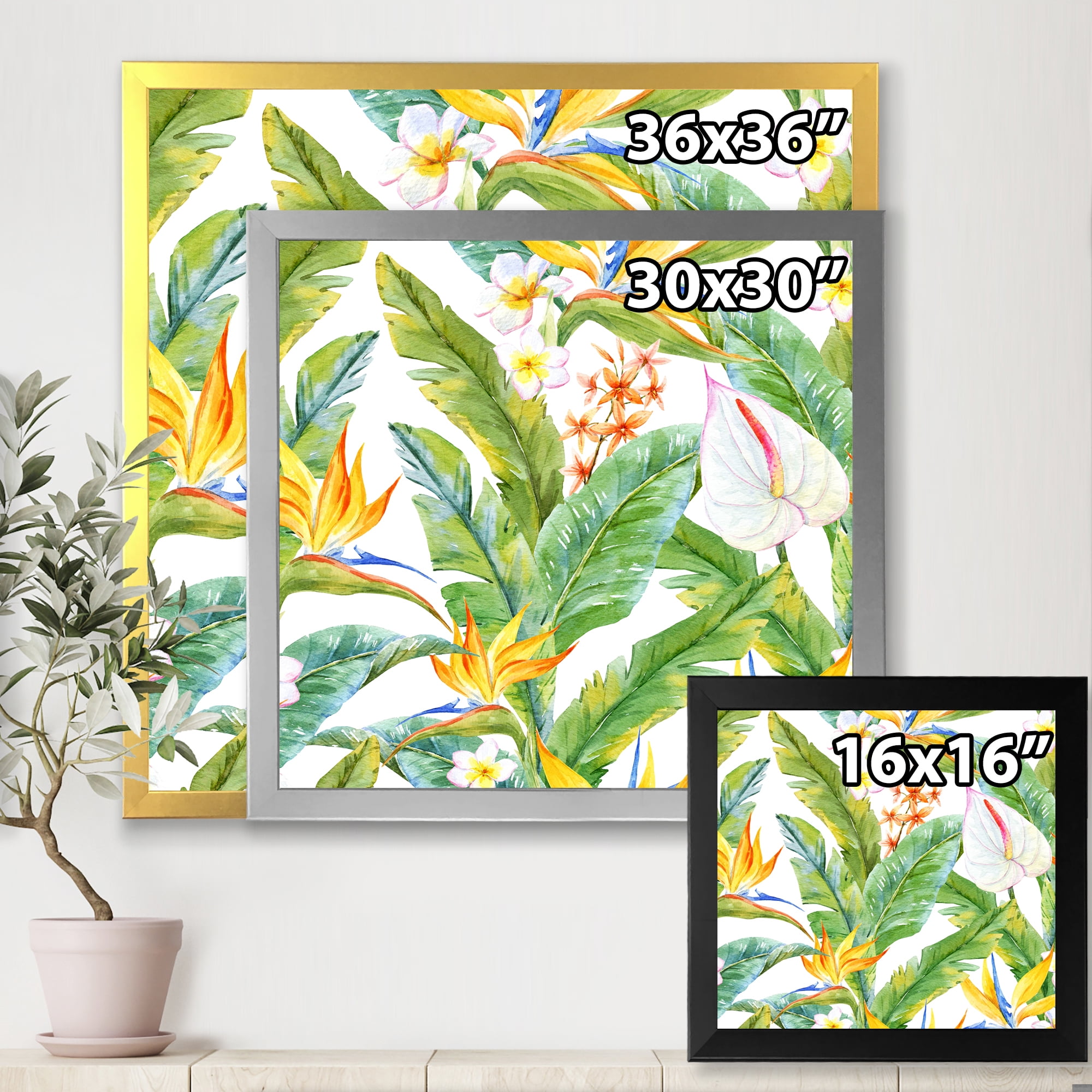 Designart 'Yellow Flowers and Tropical Foliage II' Modern Framed Art Print
