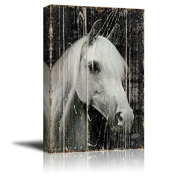 wall26 Canvas Print Wall Art Black & White Horse Portrait on Wood Panels Animals Wildlife Digital Art Realism Rustic Scenic Nature Photography Colorful for Living Room, Bedroom, Office - 16"