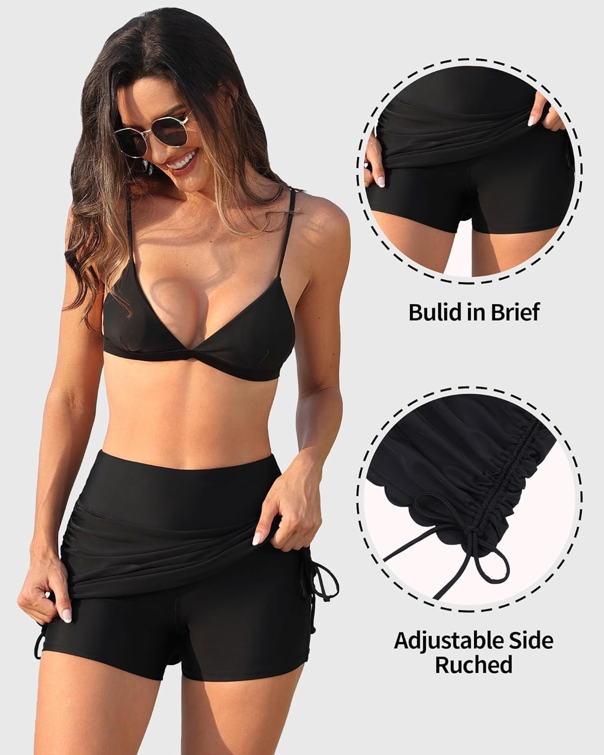 anfilia style Womens High Waisted Drawstring Swim Skirts Ruched Tummy Control Swimsuit Bottoms