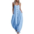 thumbnail image 2 of Pounoo Jumpsuits for Women Linen Blend Jumpsuits Casual Daily Style Lightweight Breathable Sleeveless Button Detail Ruffle Hem Wide Leg Jumpsuits Gift, 2 of 5