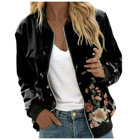

Hwmodou Ladies Casual Jackets Short Sleeve Casual Daily Lightweight Zip Up Casual Floral Print Coat Stand Collar Sports Outwear Zipper Tops Jackets For Women