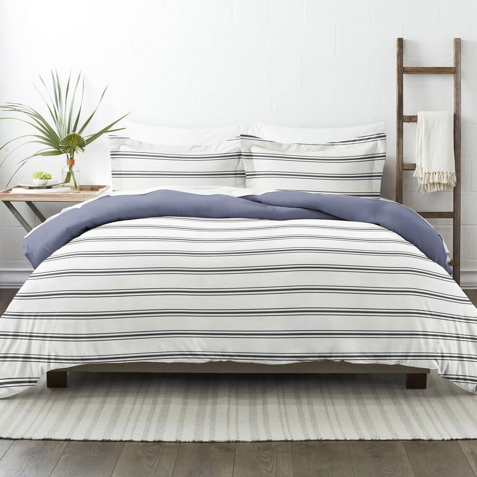 Noble Linens Navy Desert Stripe Reversible 3-Piece Duvet Cover Set, Full/Queen