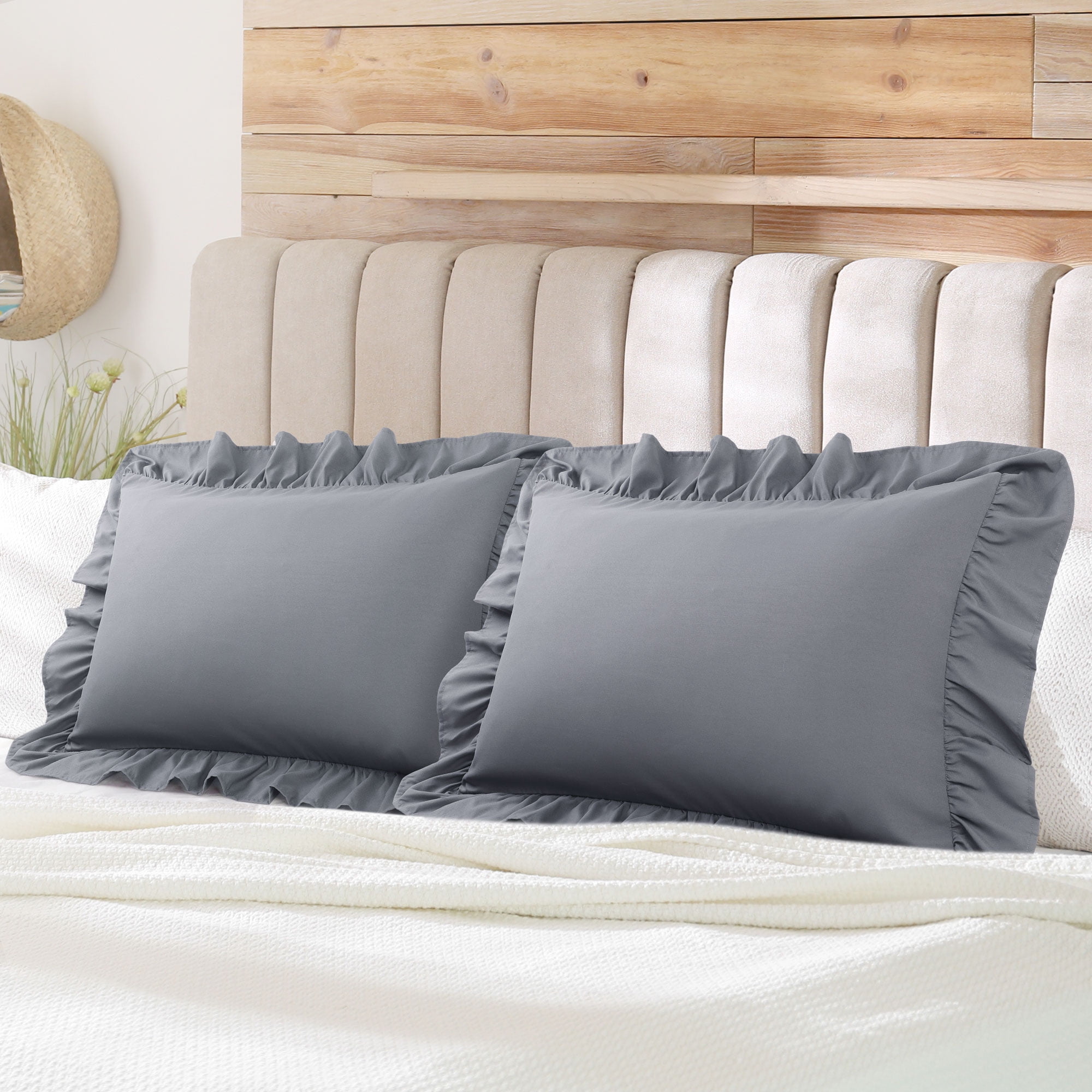 Unique Bargains Microfiber Ruffle Envelope Closure Pillowcases 2 Pcs Dark Gray King