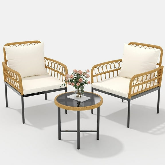 WildBreak 3 Piece Rattan Outdoor Bistro Sets, with 1 Table and 2 Chairs, Brown/Off-white
