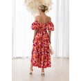 thumbnail image 2 of Women Summer Floral Print V-Neck Dress Short Sleeve High Waist Midi Slim-Fit A-Line Dresses Beach Streetwear, 2 of 10