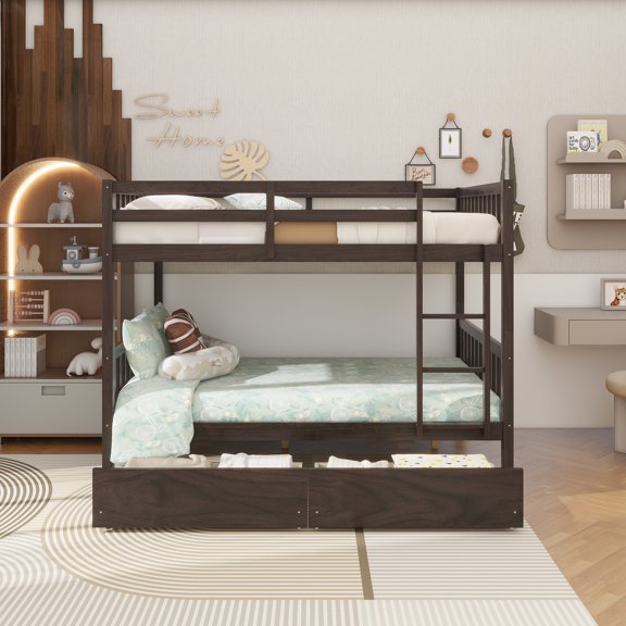 full Over full Rubber Wood Bunk Bed with 2 Drawers, Convertible into 2 full Beds, full Size Bunk Bed with Ladder and Safety Guardrails ,Espresso