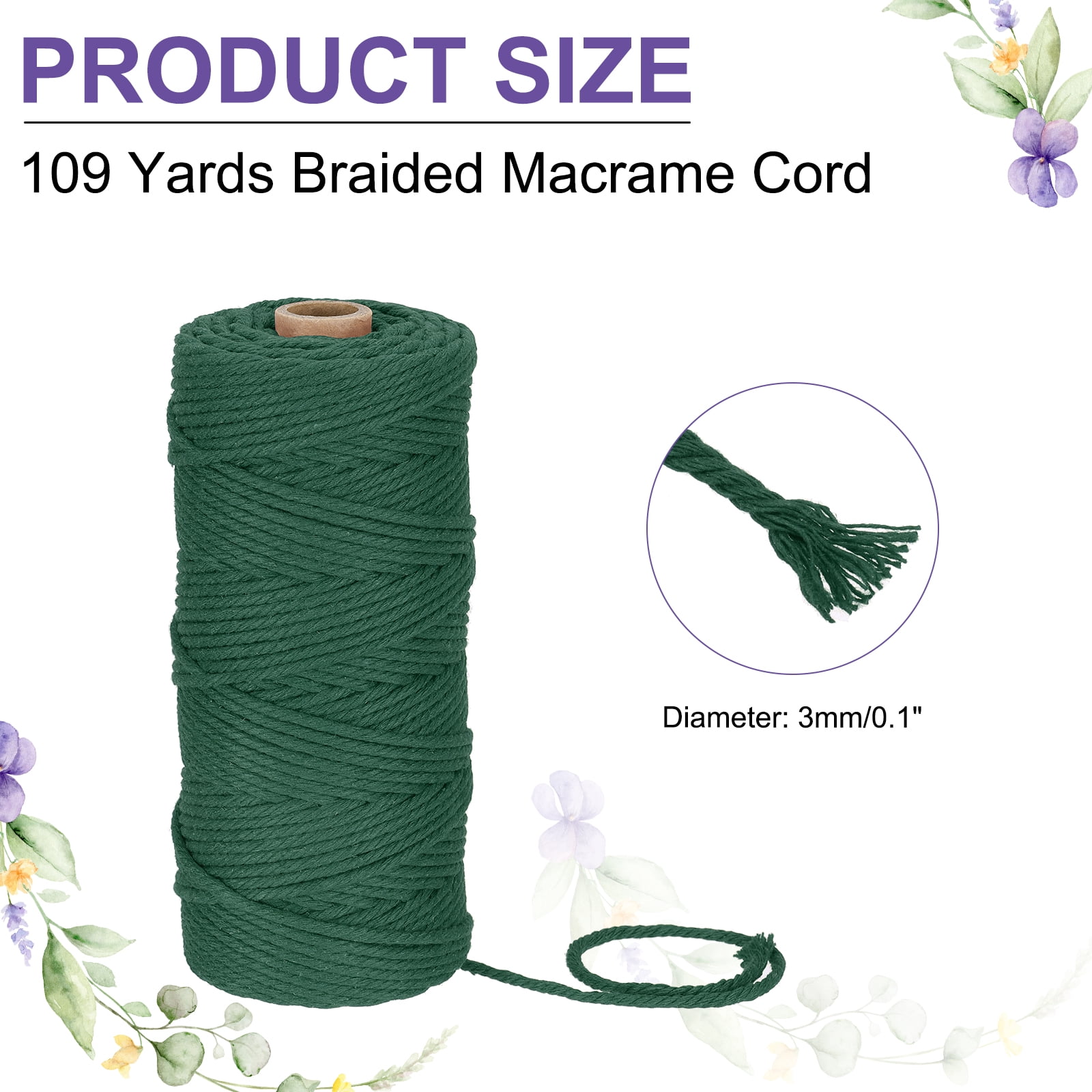 Braided Macrame Cord, 3mm x 109 Yards Natural Cotton Rope Macrame Yarn Bohemia Craft String with Scissors(Dark Green)