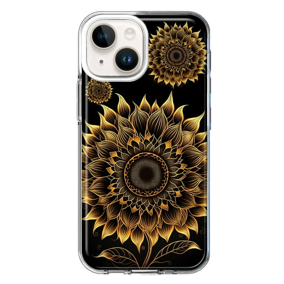 MUNDAZE Case for Apple iPhone 15 Hybrid Shockproof Slim Hard Soft TPU Shell Heavy Duty Protective Phone Cover - Mandala Geometry Abstract Sunflowers Pattern