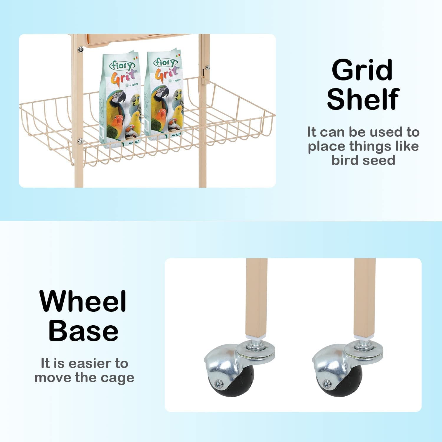 NiamVelo 64-inch Metal Bird Cage with Rolling Stand & Bottom Tray, Pet Storage Shelf Parrot Cage with Open Play Top for Lovebirds & Parakeets, Almond