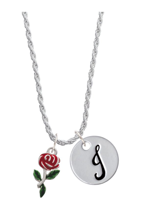 Silvertone Red Rose Flower Silvertone Script Initial Disc - J - Charm Necklace, 20"+3"