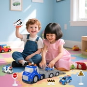 Hot Bee Toddler Police Carrier Truck Toy w/ Lights & Sounds, Mini Police Vehicles, Ambulance, Helicopter, Transport Toy for Boys Ages 3-6, Gift for Kids 3+
