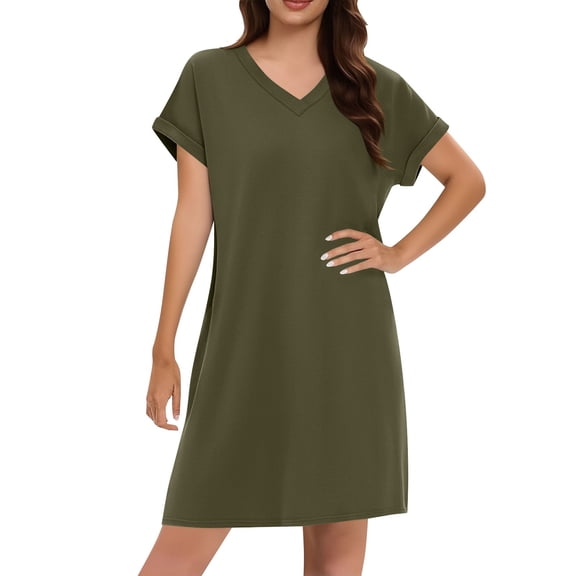 Gamivast Shirt Dresses for Women Short Sleeve V-Neck Button Down A Line Dress High Waist Solid Color Midi Dress Business Casual Work Office Daily
