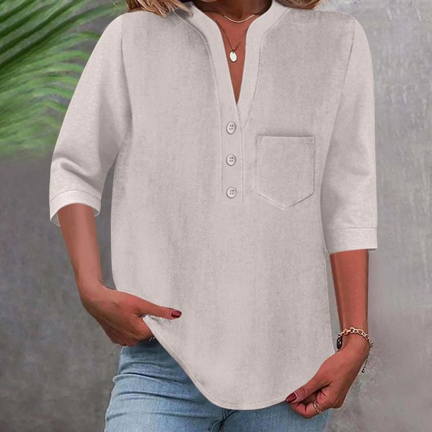 mfyjkho Tops De Gimnasio Para Mujer, Camisa De Botones Lisa De Moda Para Mujer, Blusa Holgada Con Cuello Redondo Y Bolsillo Tops De Gimnasio Para Mujer Xxl