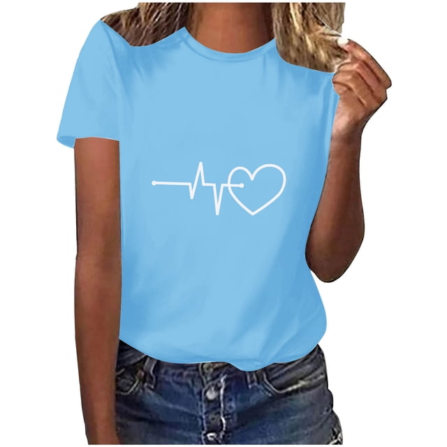 Diufon Hauts de la Saint-Valentin pour Femmes, Tunique Décontractée à Manches Courtes, Chandail à Col Rond, Blouse Tendance Mignonne à Imprimé Graphique