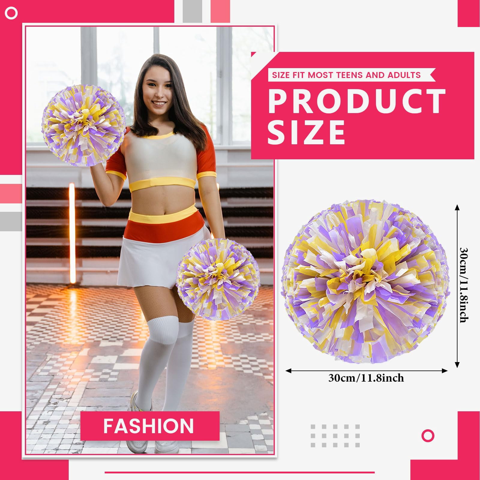 Pom Poms Cheer 12 Pieces, Cheerleading Pompoms Handheld Squad Set for Sports Team, Party, Festival, Adults Kids, Easy Fluff Design
