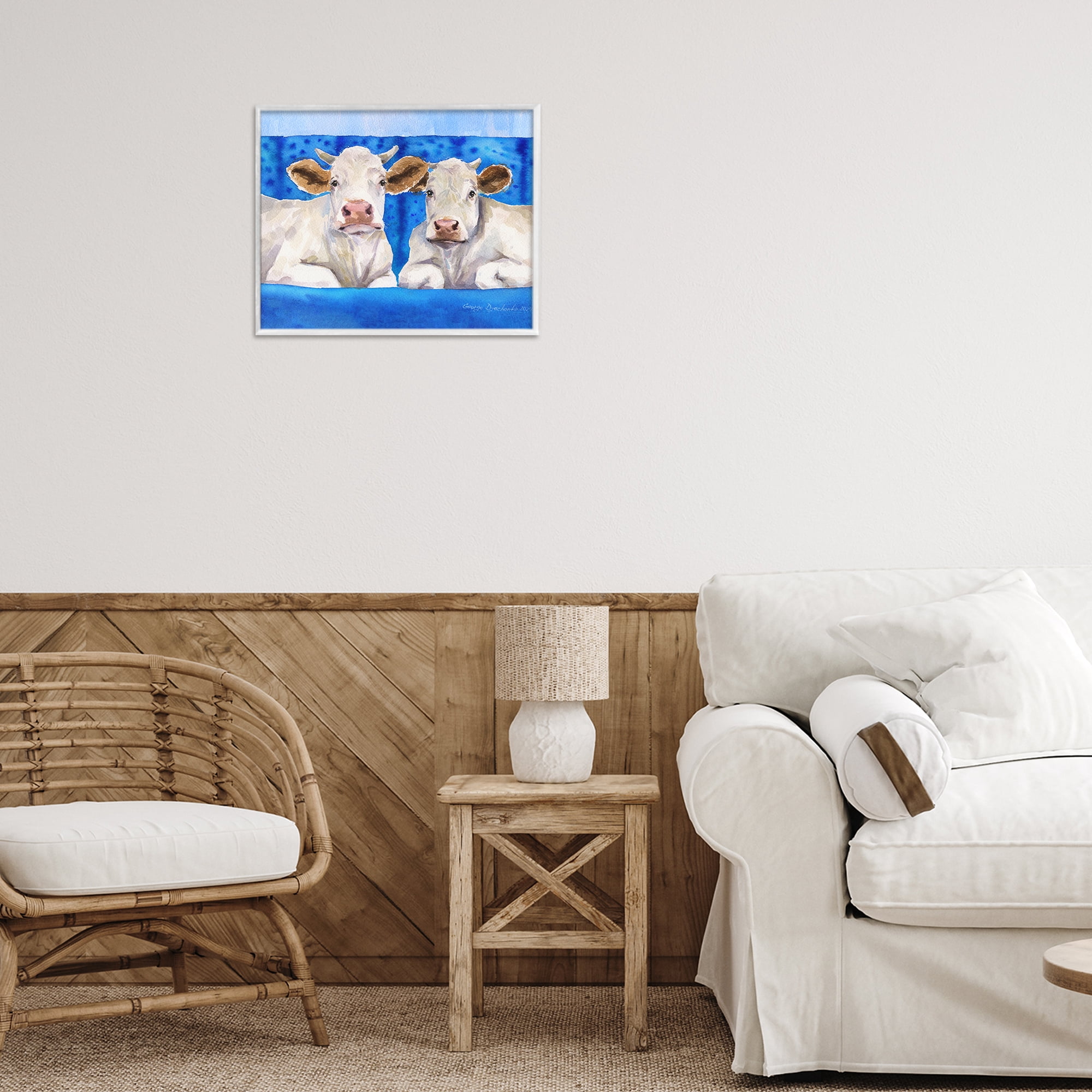 Stupell Industries White Cows on Blue Sofa White Framed Giclee Art, design by George Dyachenko