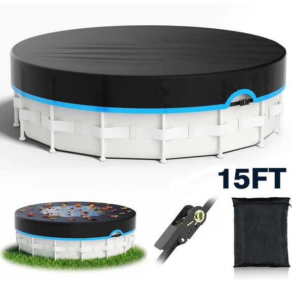 420D Upgraded Round Pool Cover For Above Ground Pools, Solar Pool Cover Windproof Ratchet Locking System &Anti-Slip Strap, heavy duty Pool Covers UV Protection, Blue
